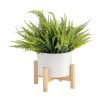 6" CERAMIC CHEVRON PLANTER W/ WOOD STAND, WHITE