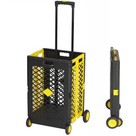 55L Foldable Rolling Cart with Wheels, Portable Updated Utility Tools Rolling Crate w/ Telescopic Handle, Yellow/Gray with Lid (sku: KM3240)