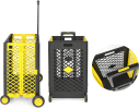 55L Foldable Rolling Cart with Wheels, Portable Updated Utility Tools Rolling Crate w/ Telescopic Handle, Yellow/Gray with Lid