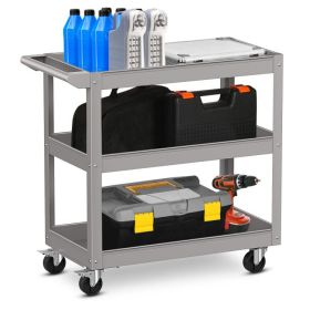 3-Tier Metal Utility Cart Trolley Tool with Flat Handle and 2 Lockable Universal Wheels (Color: Gray)