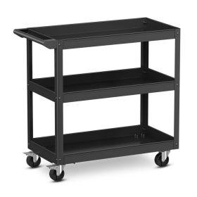 3-Tier Metal Utility Cart Trolley Tool with Flat Handle and 2 Lockable Universal Wheels (Color: Black)